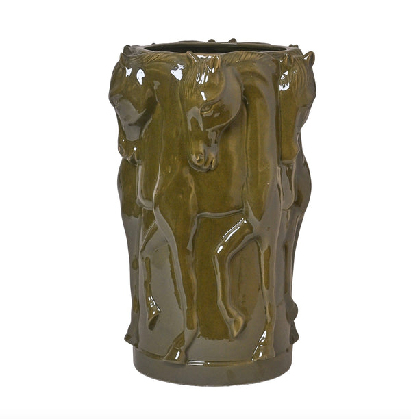 OLIVE GLAZE CERAMIC VASE DANCING HORSES
