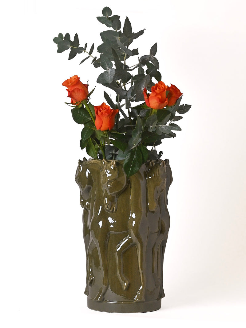 OLIVE GLAZE CERAMIC VASE DANCING HORSES