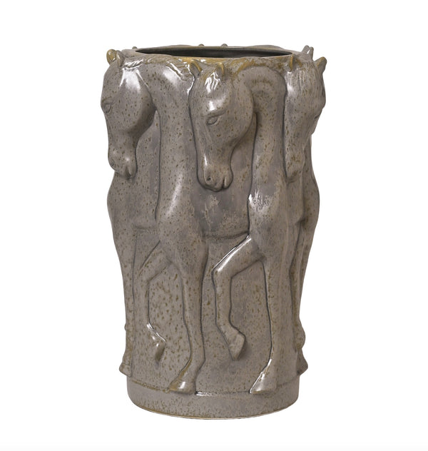 PATINA GREY CERAMIC VASE DANCING HORSES