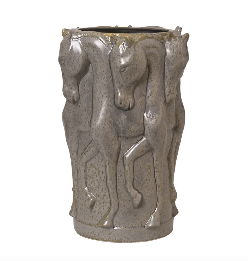 PATINA GREY CERAMIC VASE DANCING HORSES