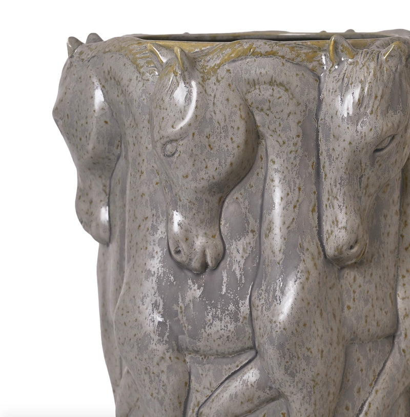 PATINA GREY CERAMIC VASE DANCING HORSES