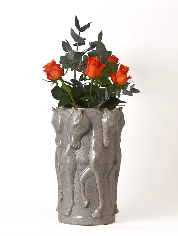 PATINA GREY CERAMIC VASE DANCING HORSES