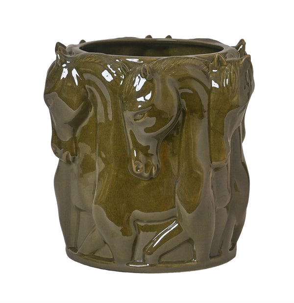 Vase / Flowerpot – Dancing Horses Olive Glaze