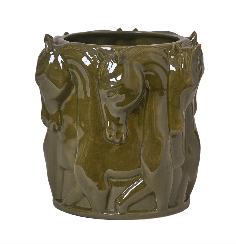 Vase / Flowerpot – Dancing Horses Olive Glaze