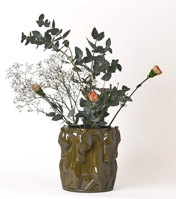 Vase / Flowerpot – Dancing Horses Olive Glaze