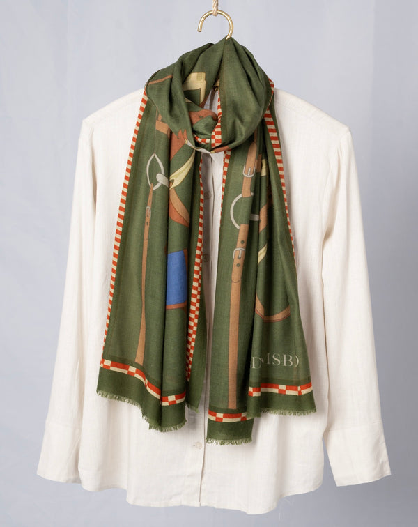 CASHMERE SCARF HORSES GREEN