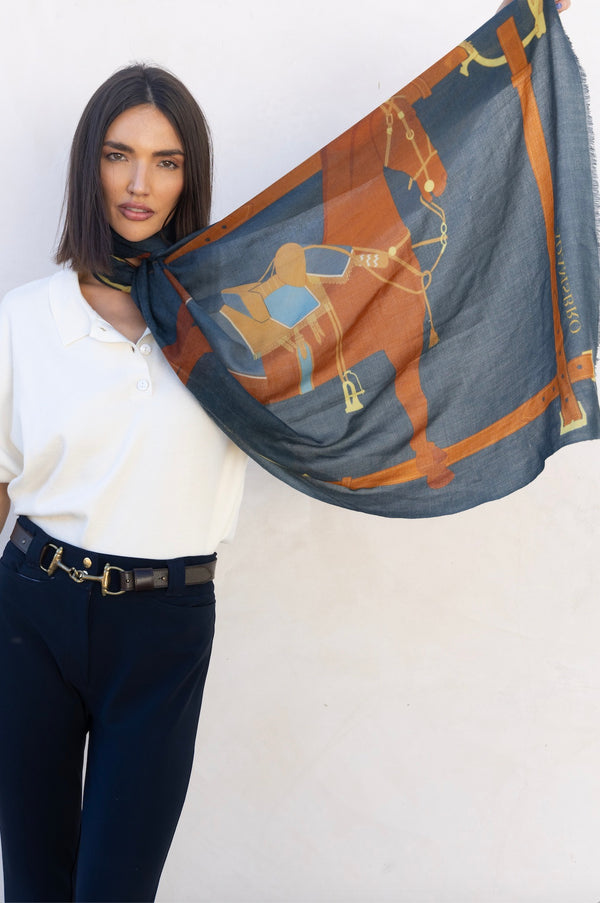 CASHMERE SCARF HERITAGE HORSE NAVY
