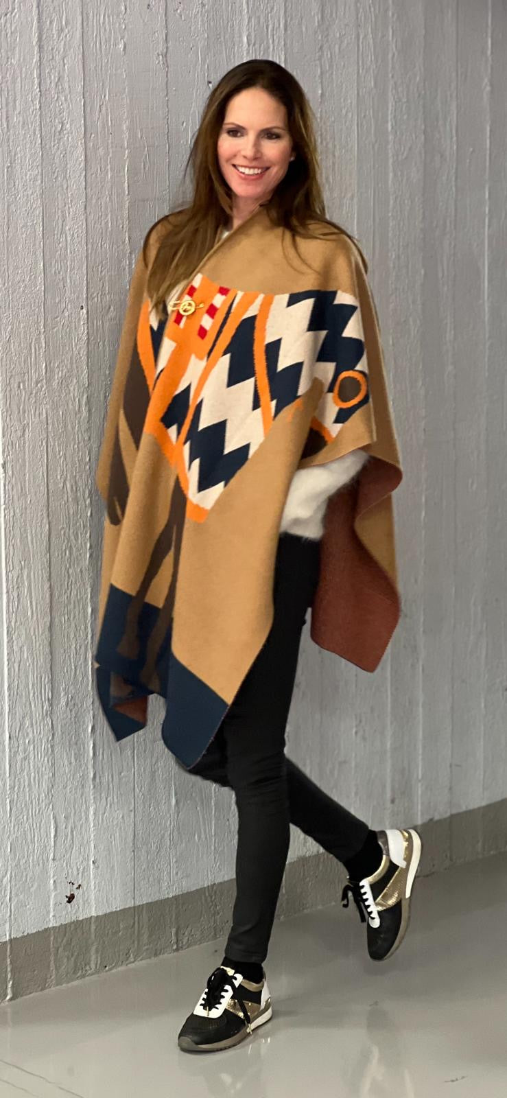 ADAMSBRO LONG CASHMERE PONCHO ZIG ZAG