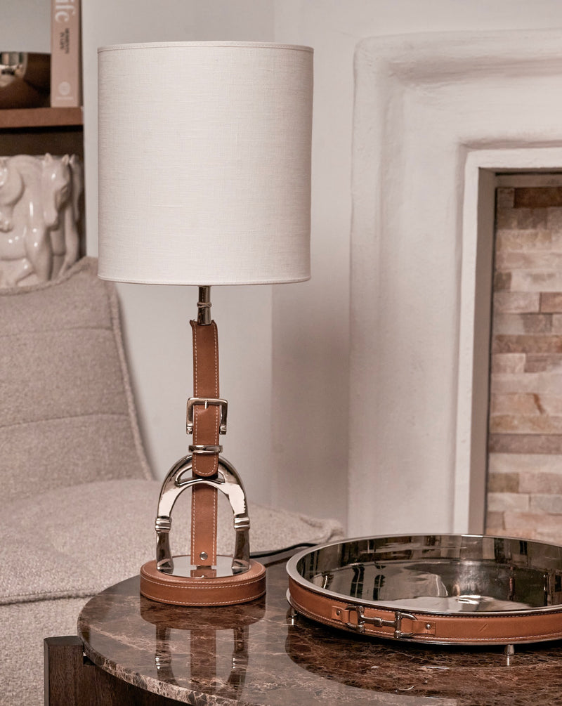 Luxury Stirrup Lamp with leather  including White lamp shade.