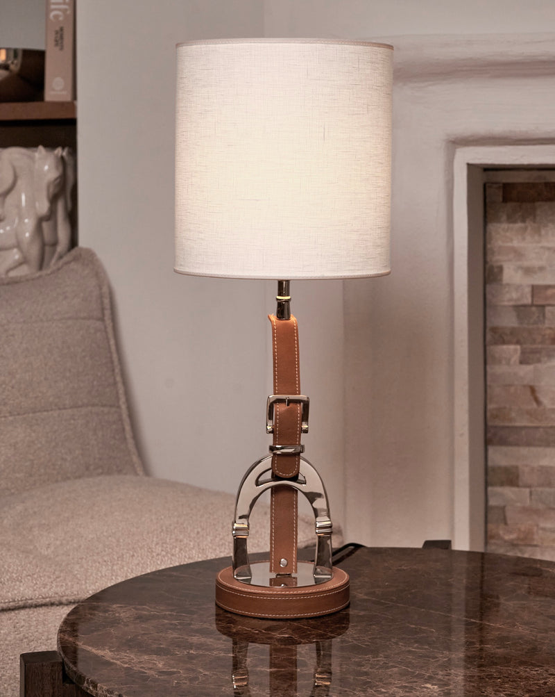 Luxury Stirrup Lamp with leather  including White lamp shade.