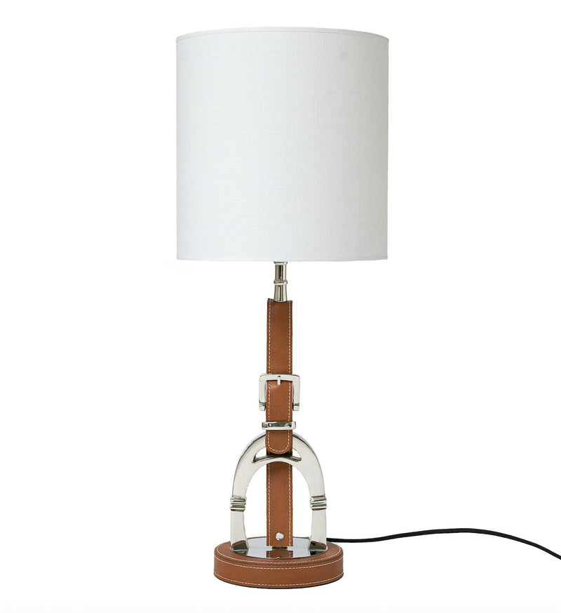 Luxury Stirrup Lamp with leather  including White lamp shade.