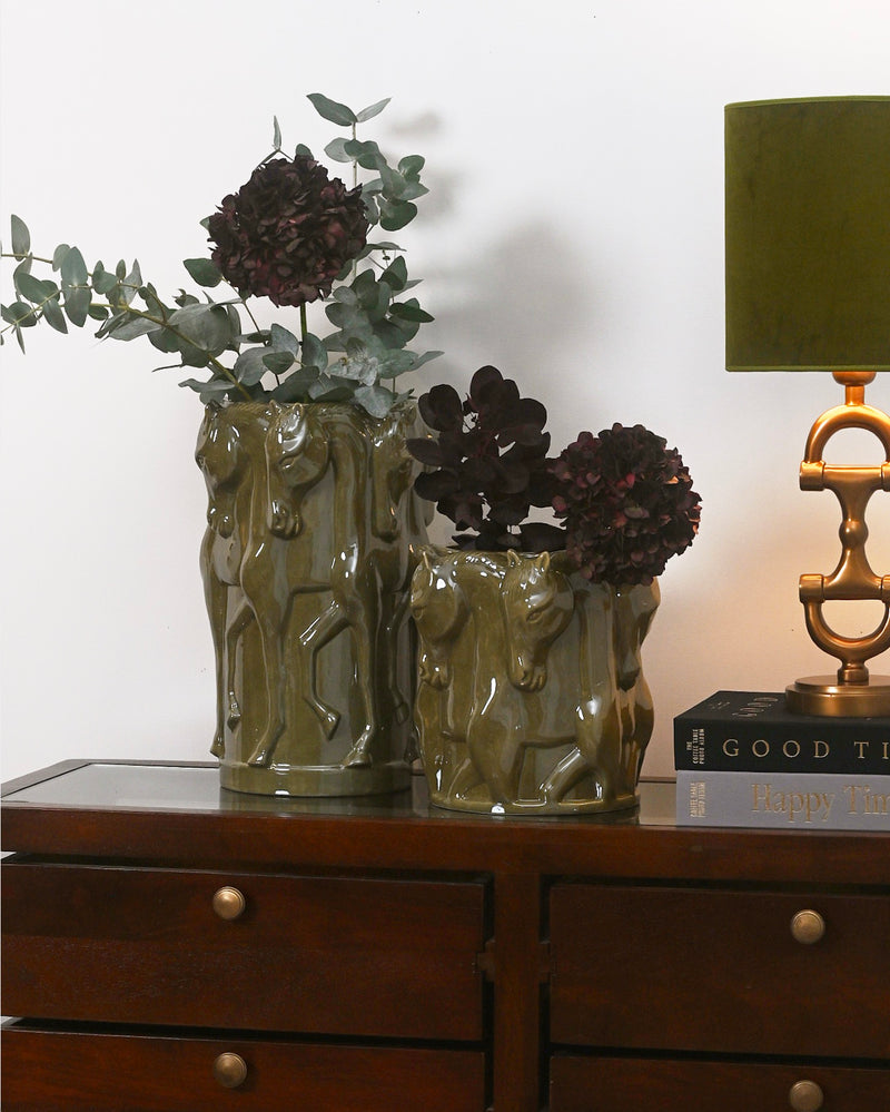 OLIVE GLAZE CERAMIC VASE DANCING HORSES