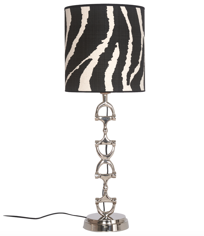 Snaffle Bit Lamp stand  Silver Including Zebra linnen shade.