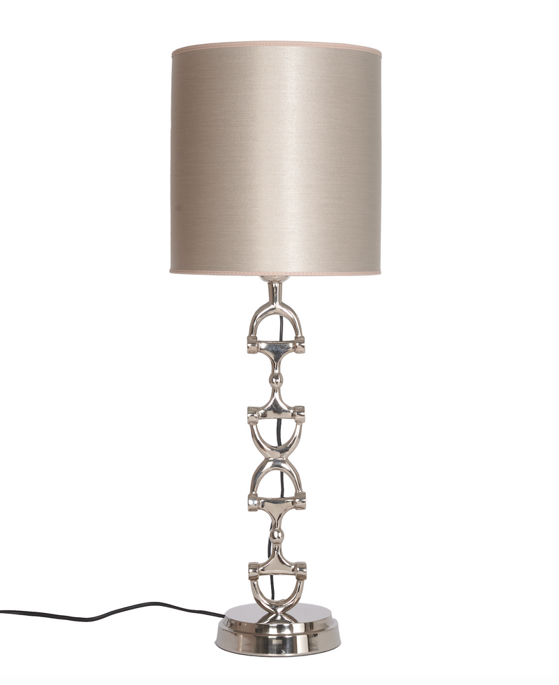 Snaffle Bit Lamp stand  Silver Including Taupe chintz shade.