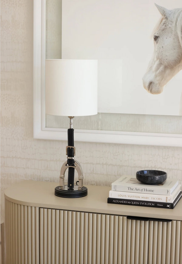 Luxury Stirrup Lamp with leather including White lamp shade.
