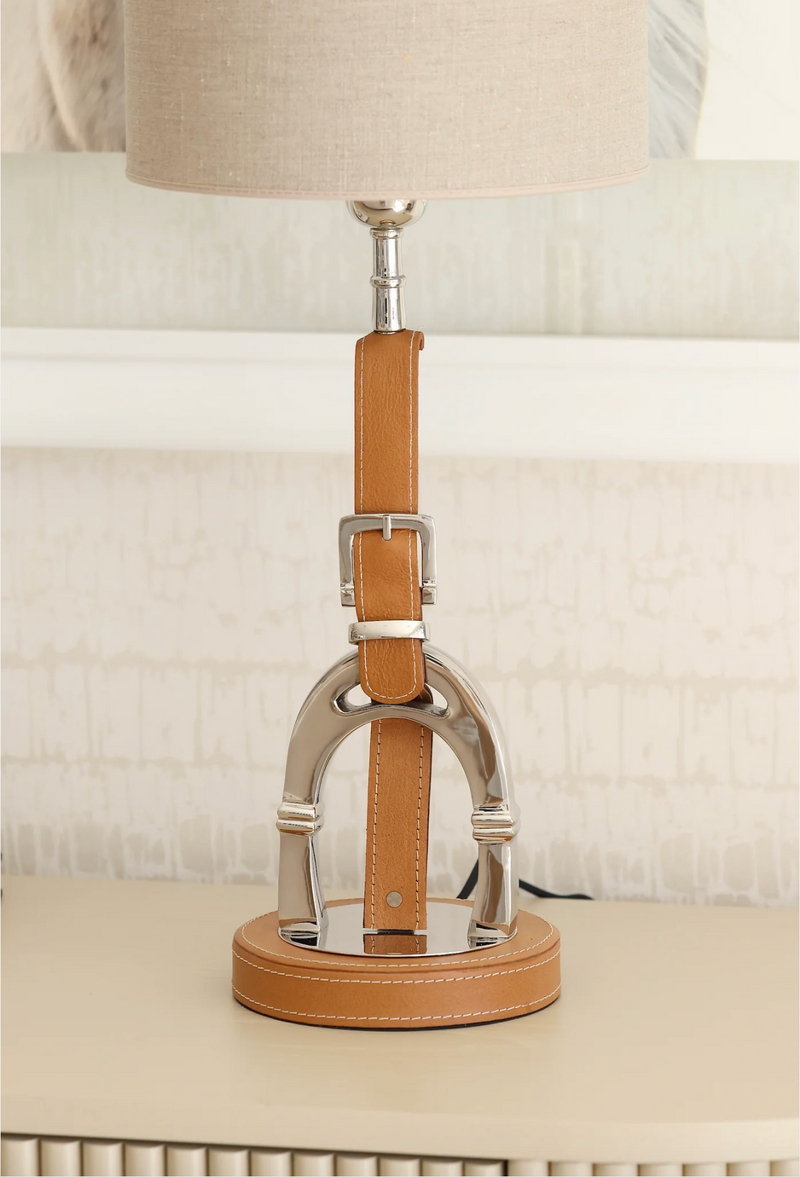Luxury Stirrup Lamp with leather  including Nature lamp shade.