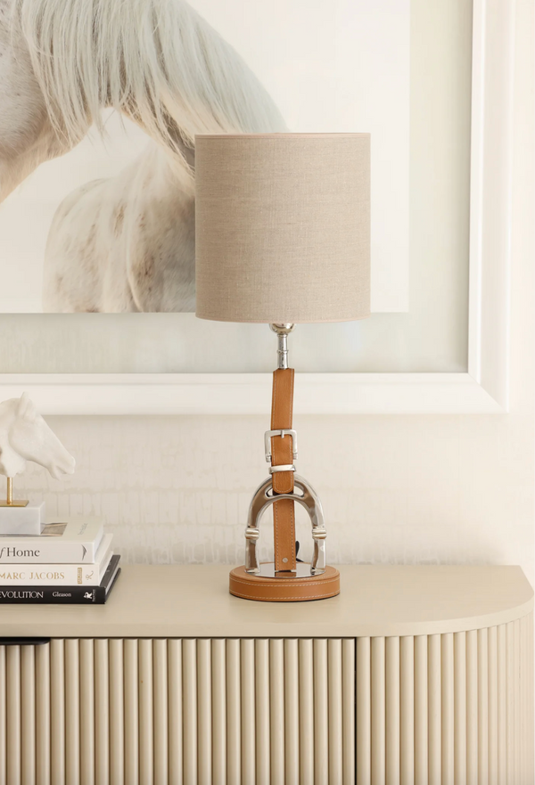 Luxury Stirrup Lamp with leather  including Nature lamp shade.