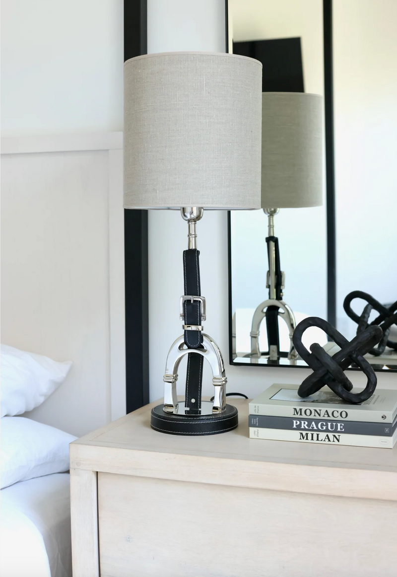 Luxury Stirrup Lamp with leather including Nature lamp shade.