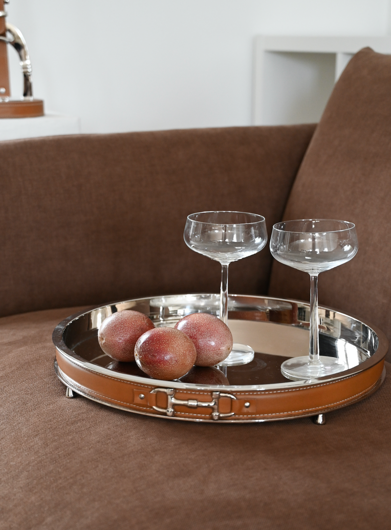 Silver Snaffel Bit Round Tray with Brown Leather.