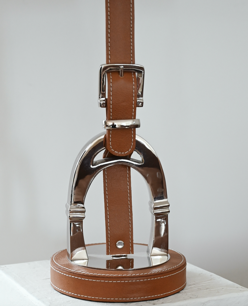 Luxury Stirrup Lamp with leather  including White lamp shade.