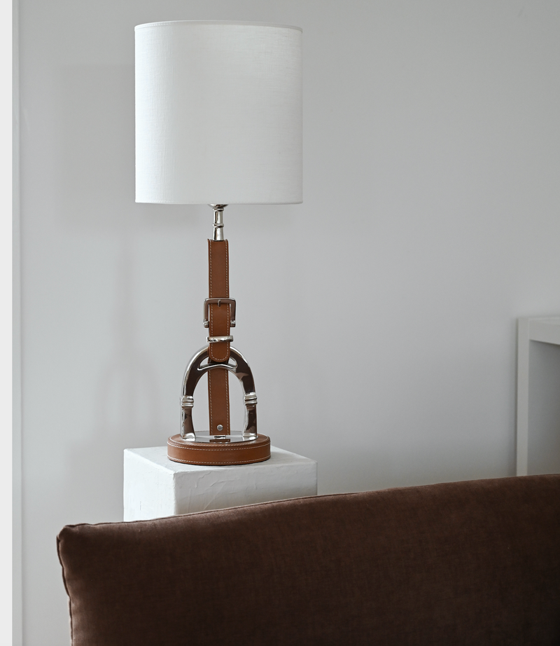 Luxury Stirrup Lamp with leather  including White lamp shade.