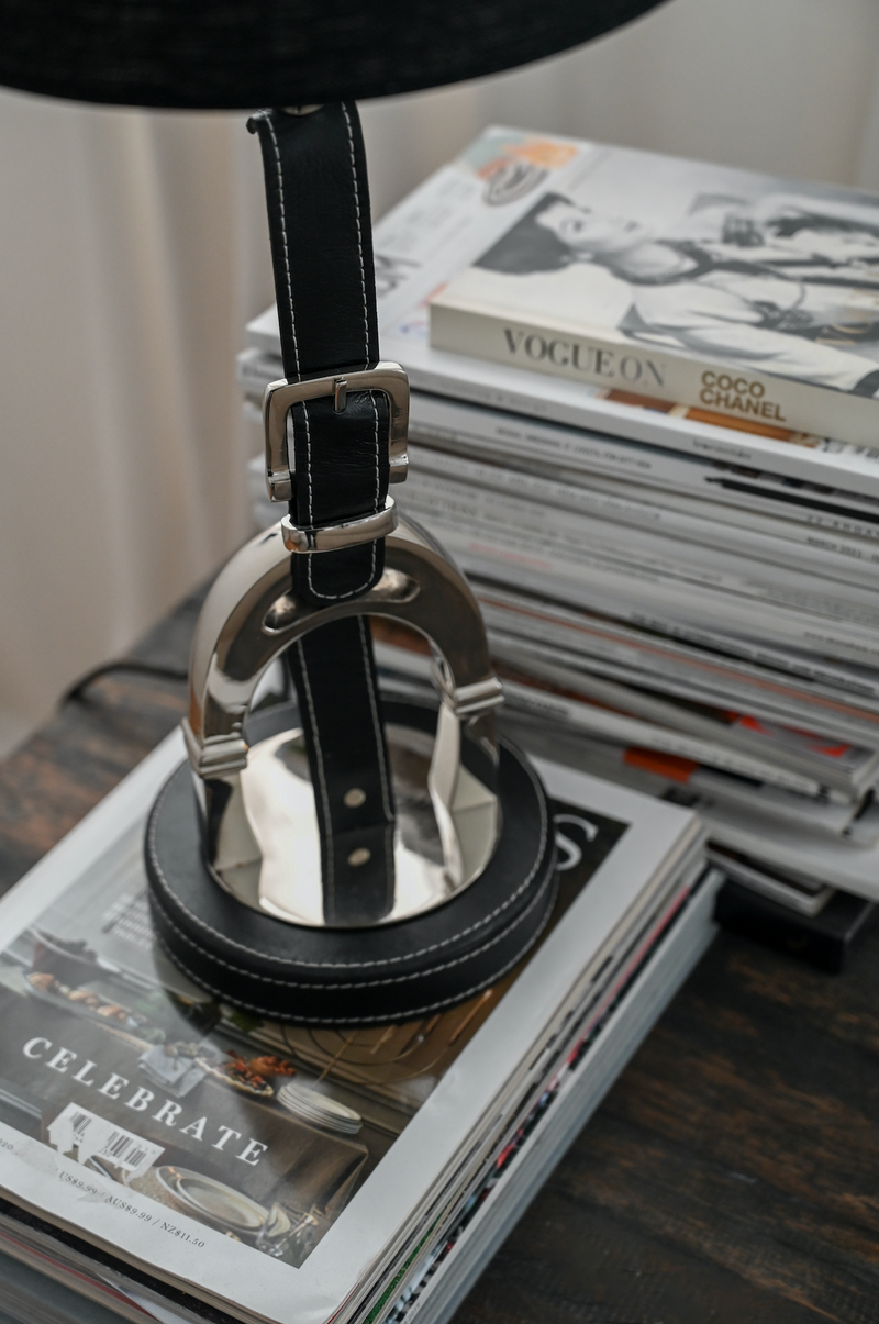 Luxury Stirrup Lamp with leather including Black lamp shade.