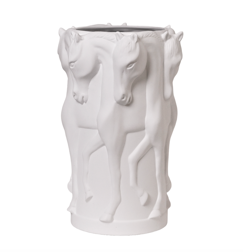 CERAMIC VASE DANCING HORSES MATT WHITE