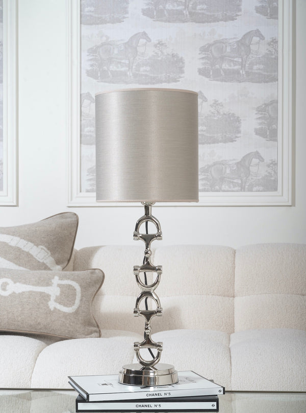 Snaffle Bit Lamp stand  Silver Including Taupe chintz shade.