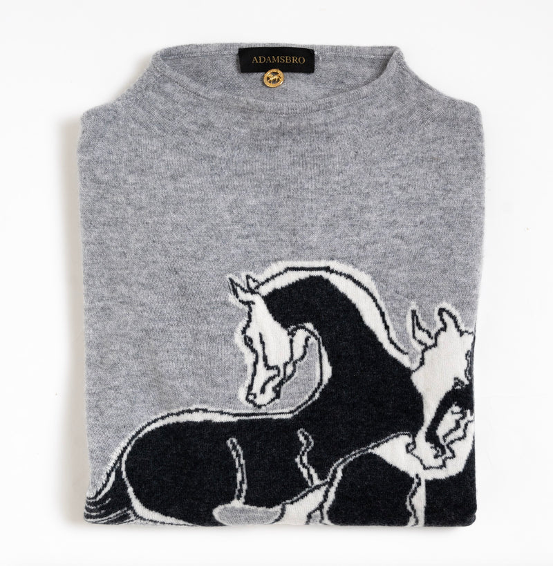 ADAMSBRO CASHMERE SWEATER HORSES GREY LARGE